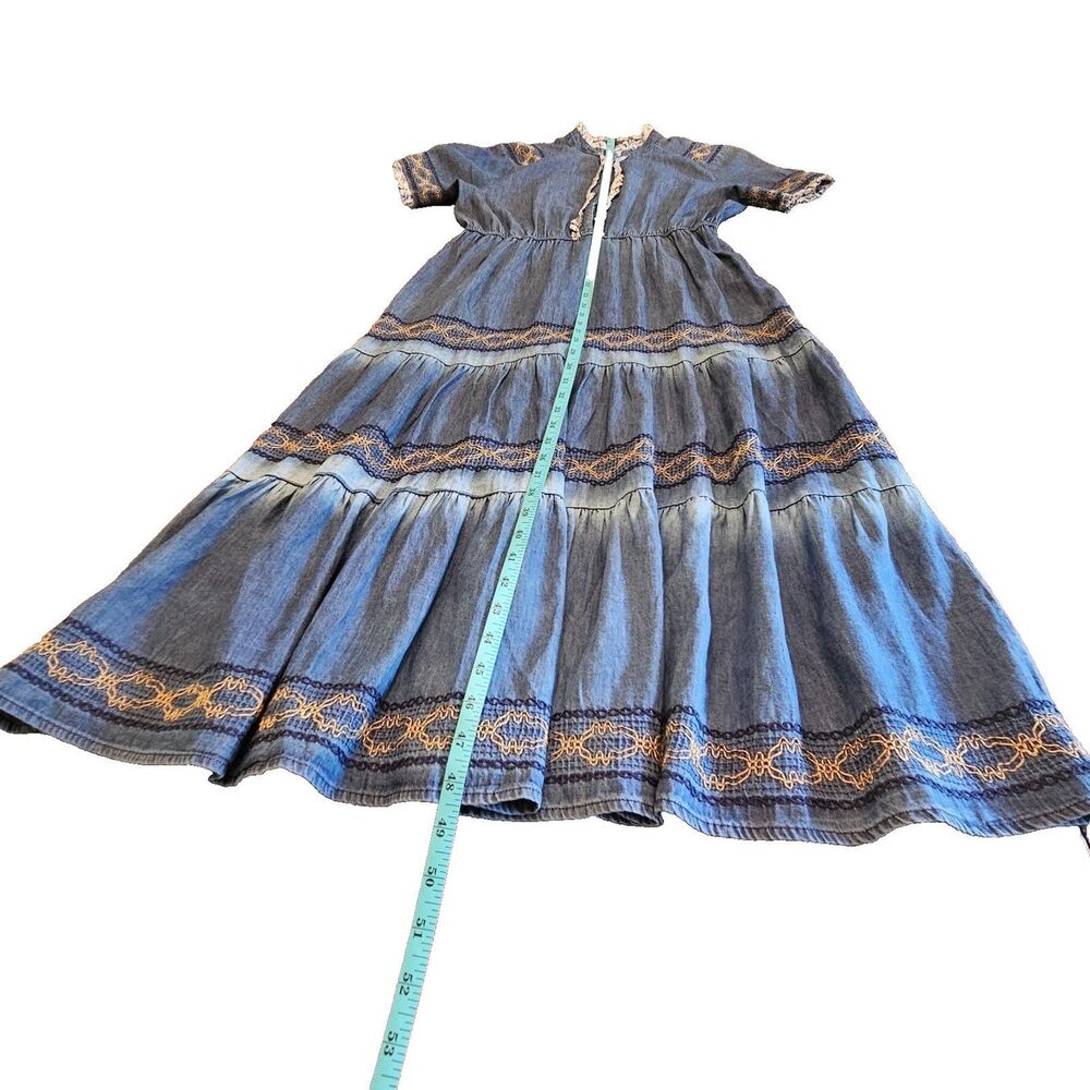 Lapis Anthropologie Blue Denim Dress Sz L Tiered Boho Cowgirl Prairie Western - Picture 4 of 10